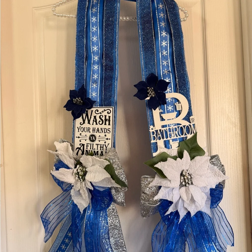 Blue and Silver Bathroom Door Decor with Poinsettias Scapular Holiday